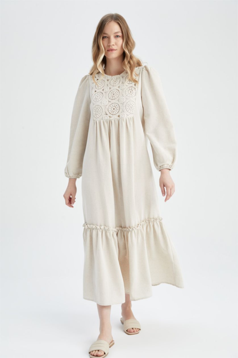 FEMME Beige Robe Tissée À Manches Longues Lin Mélangé Col arrondi