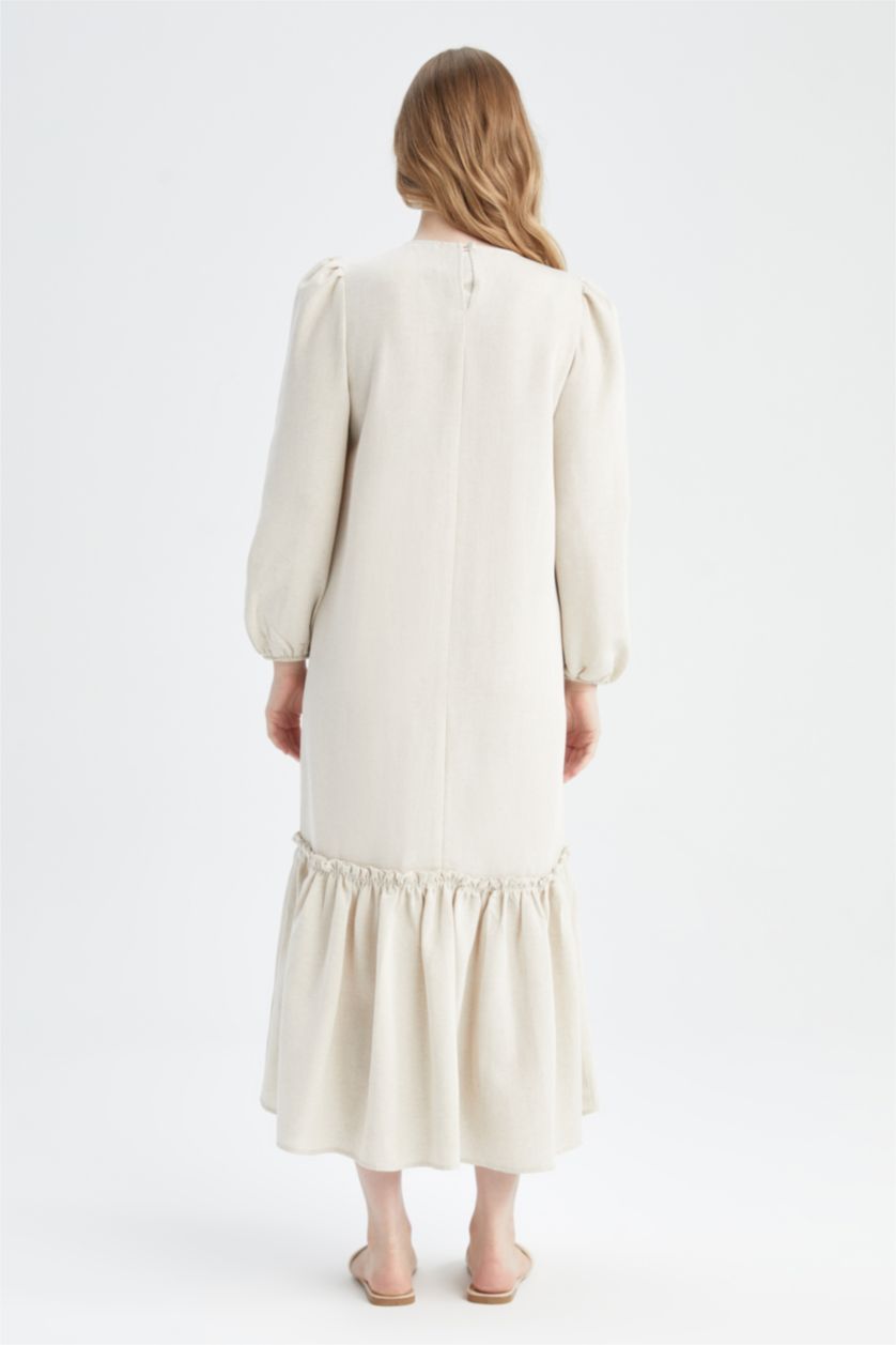 FEMME Beige Robe Tissée À Manches Longues Lin Mélangé Col arrondi