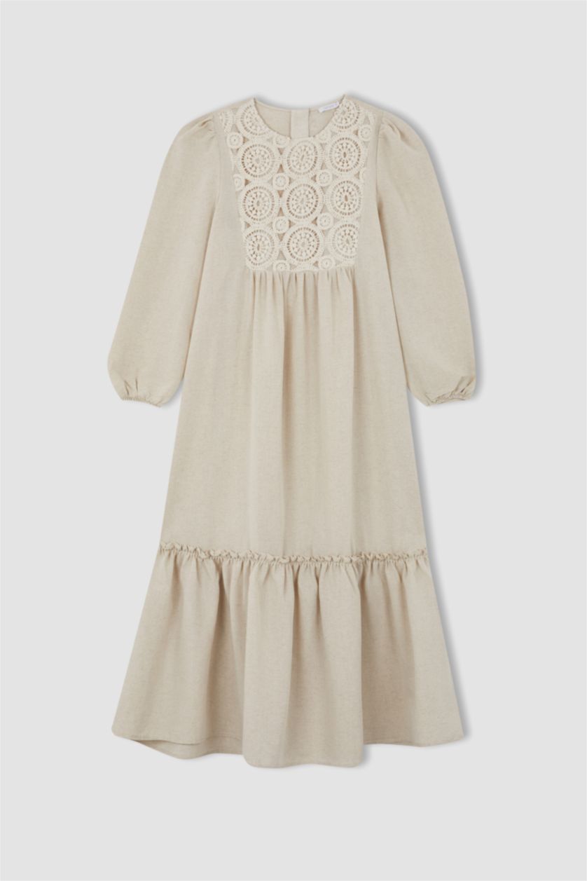 FEMME Beige Robe Tissée À Manches Longues Lin Mélangé Col arrondi