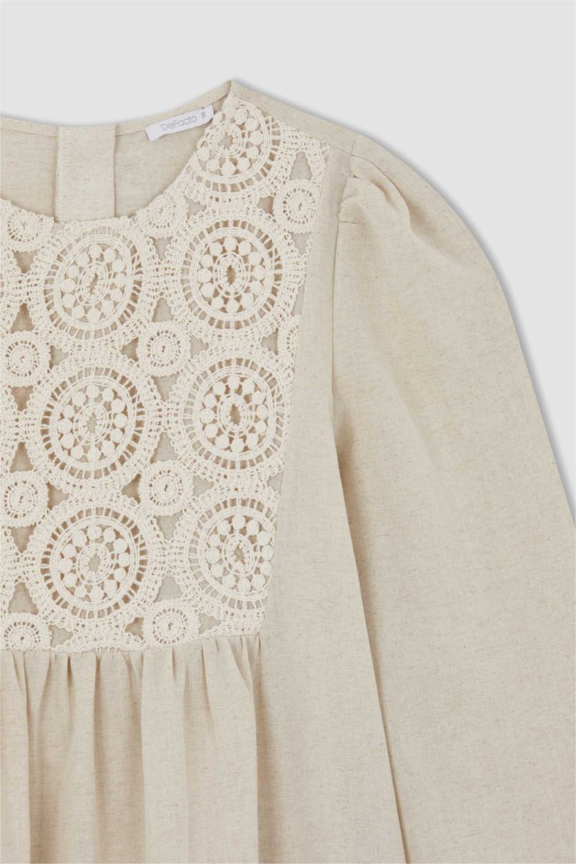 FEMME Beige Robe Tissée À Manches Longues Lin Mélangé Col arrondi