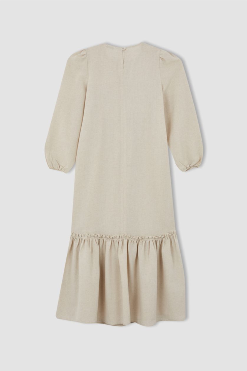 FEMME Beige Robe Tissée À Manches Longues Lin Mélangé Col arrondi