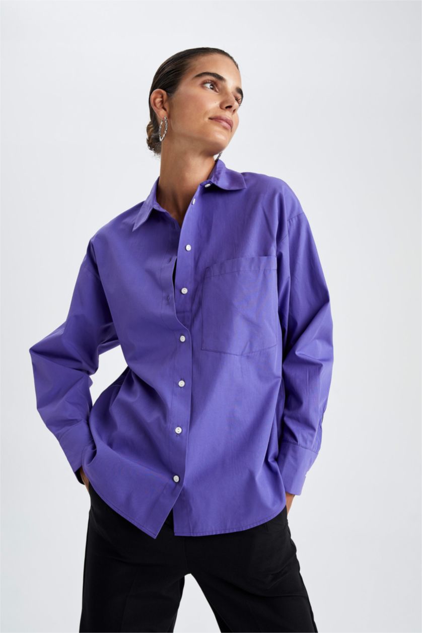 FEMME Violet Chemises à manches longues Popeline Col De Chemise Avec Poche