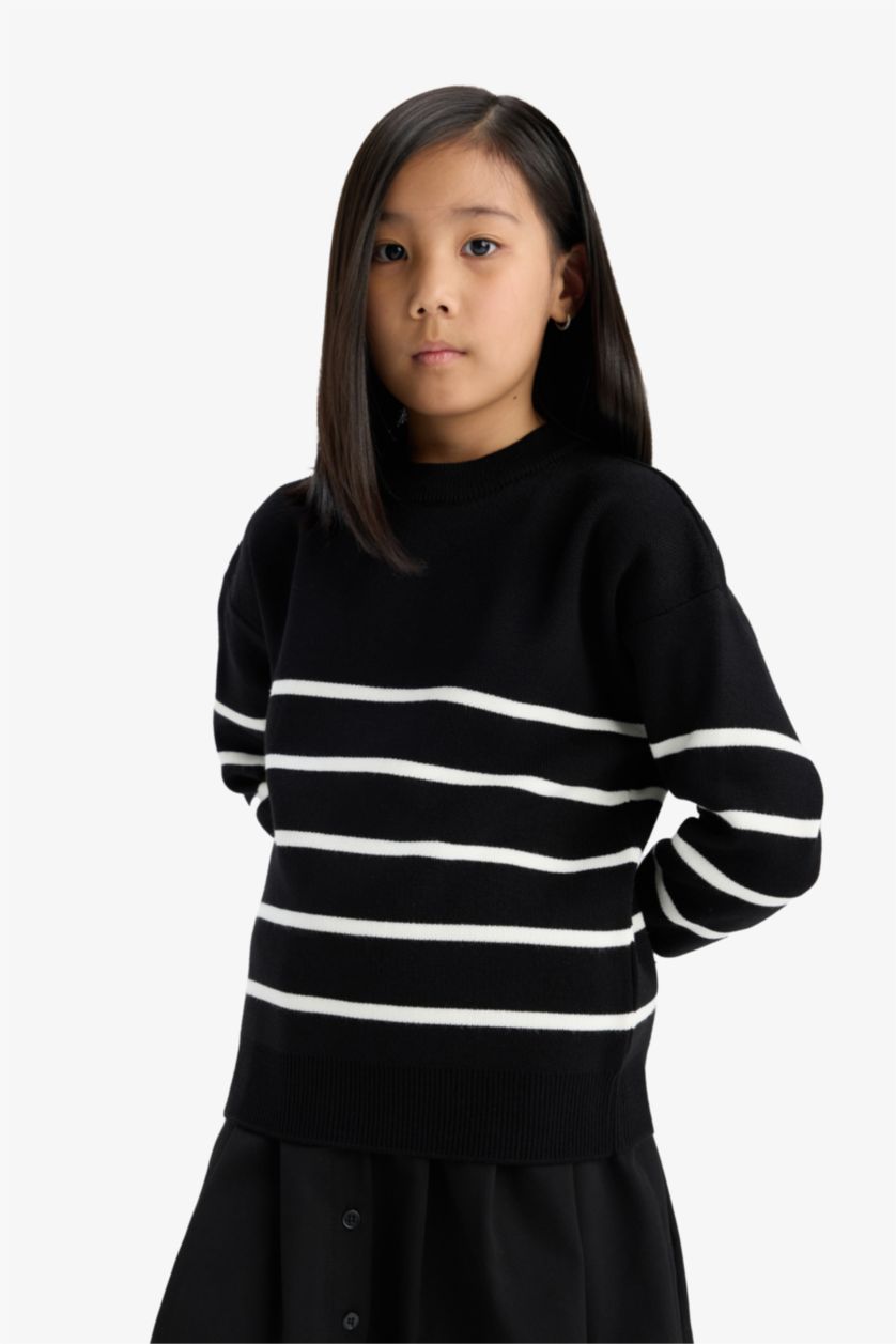 Kız Çocuk - Genç Kız Siyah Siyah Çizgili Bisiklet Yaka Triko Okul Kazağı Kız Çocuk