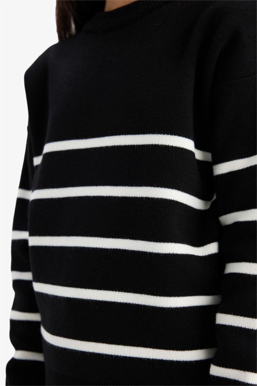 Kız Çocuk - Genç Kız Siyah Siyah Çizgili Bisiklet Yaka Triko Okul Kazağı Kız Çocuk