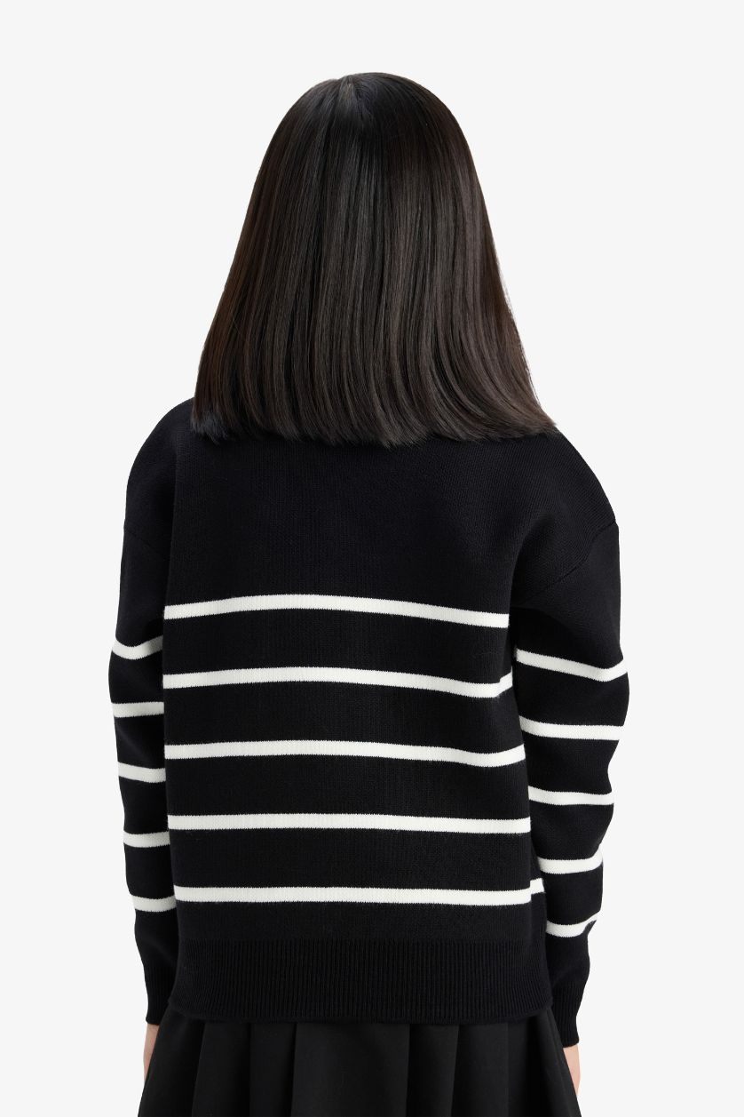 Kız Çocuk - Genç Kız Siyah Siyah Çizgili Bisiklet Yaka Triko Okul Kazağı Kız Çocuk