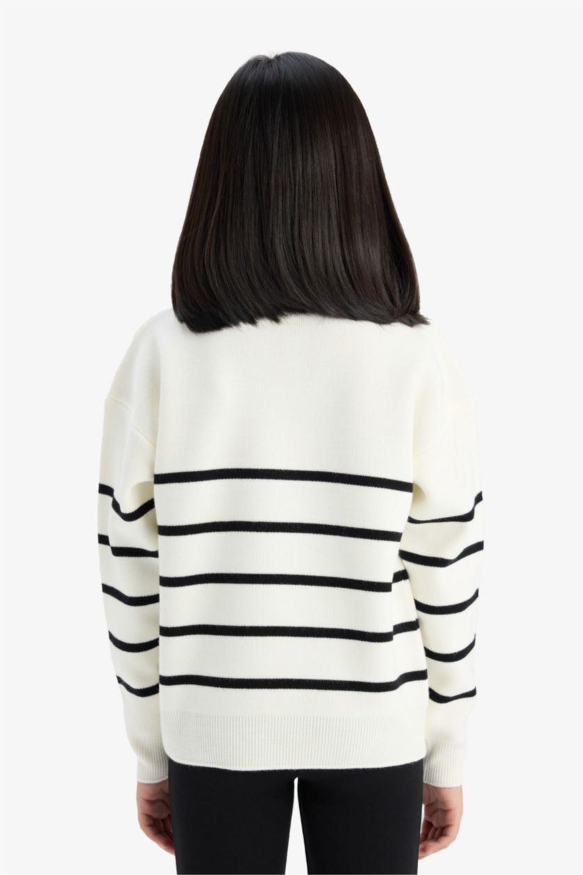 Kız Çocuk - Genç Kız Ekru Bisiklet Yaka Çizgili Triko Kazak Kız Çocuk