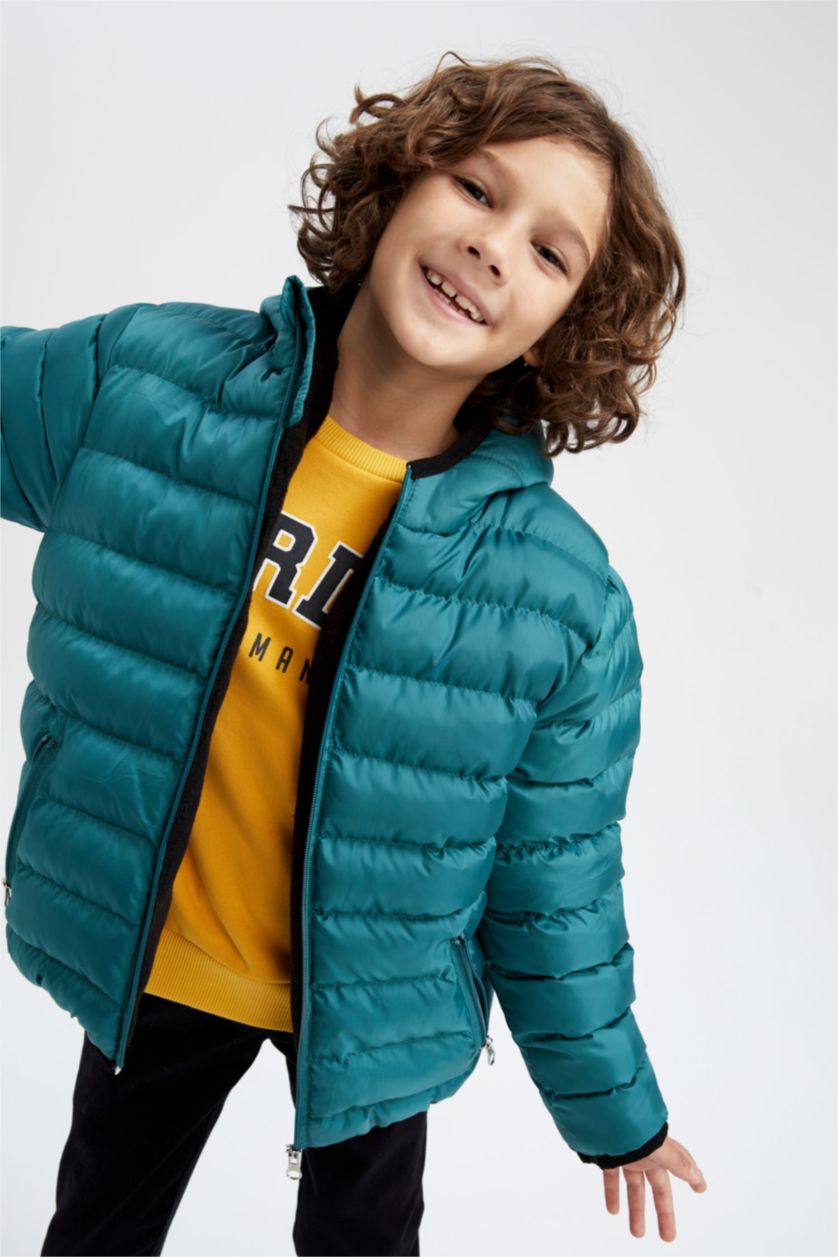 Erkek Çocuk - Genç Erkek Yeşil Erkek Çocuk Kapüşonlu Polar Astar Şişme Mont