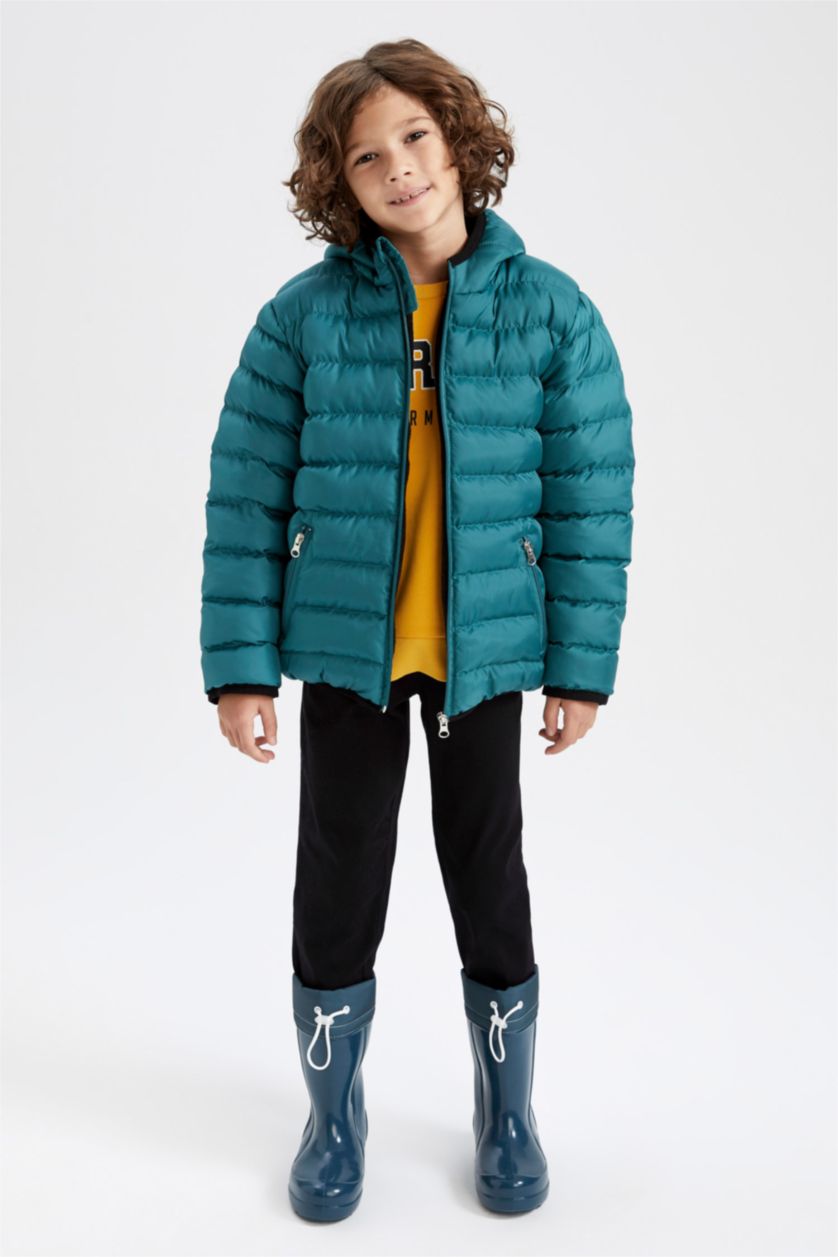 Erkek Çocuk - Genç Erkek Yeşil Erkek Çocuk Kapüşonlu Polar Astar Şişme Mont