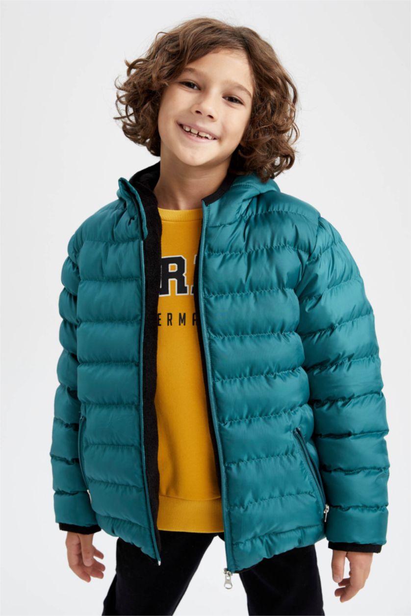 Erkek Çocuk - Genç Erkek Yeşil Erkek Çocuk Kapüşonlu Polar Astar Şişme Mont
