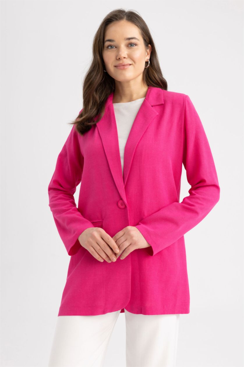 WOMAN Pink Regular Fit Crew Neck Linen Blend Blazer