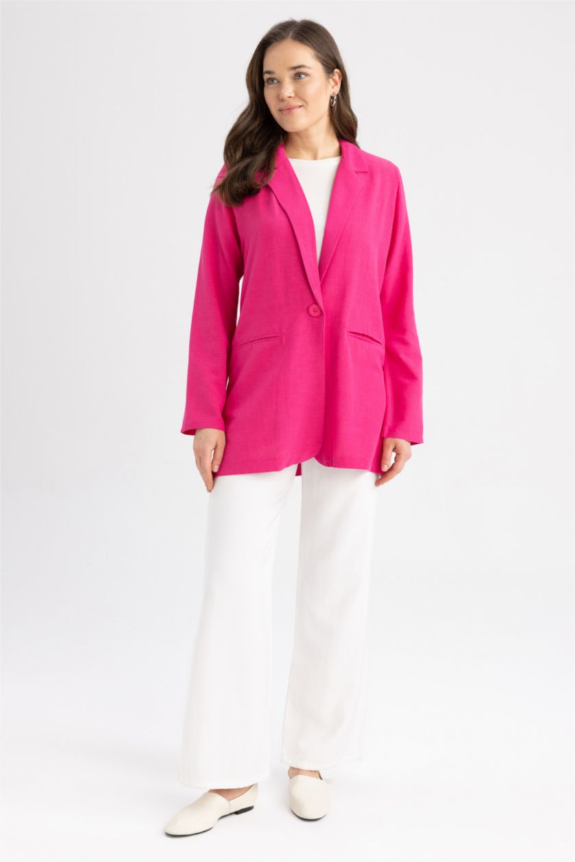 WOMAN Pink Regular Fit Crew Neck Linen Blend Blazer