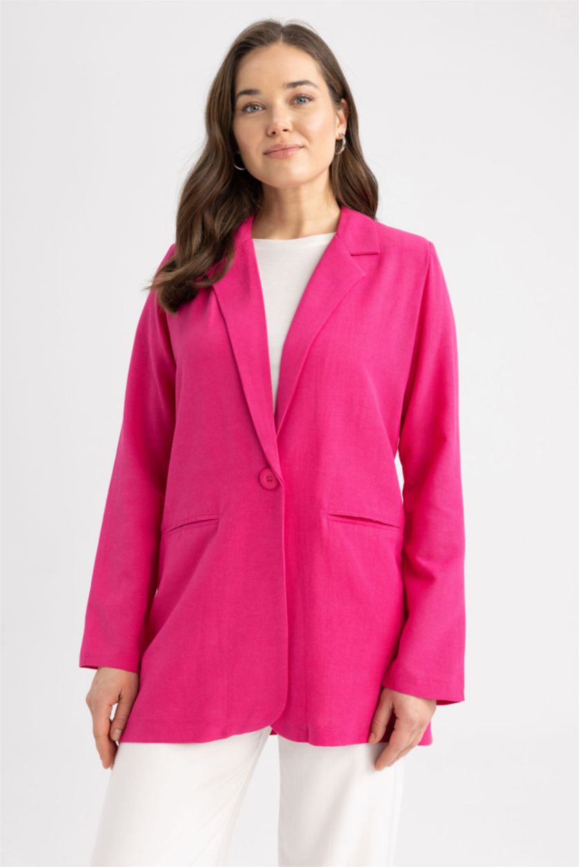 WOMAN Pink Regular Fit Crew Neck Linen Blend Blazer