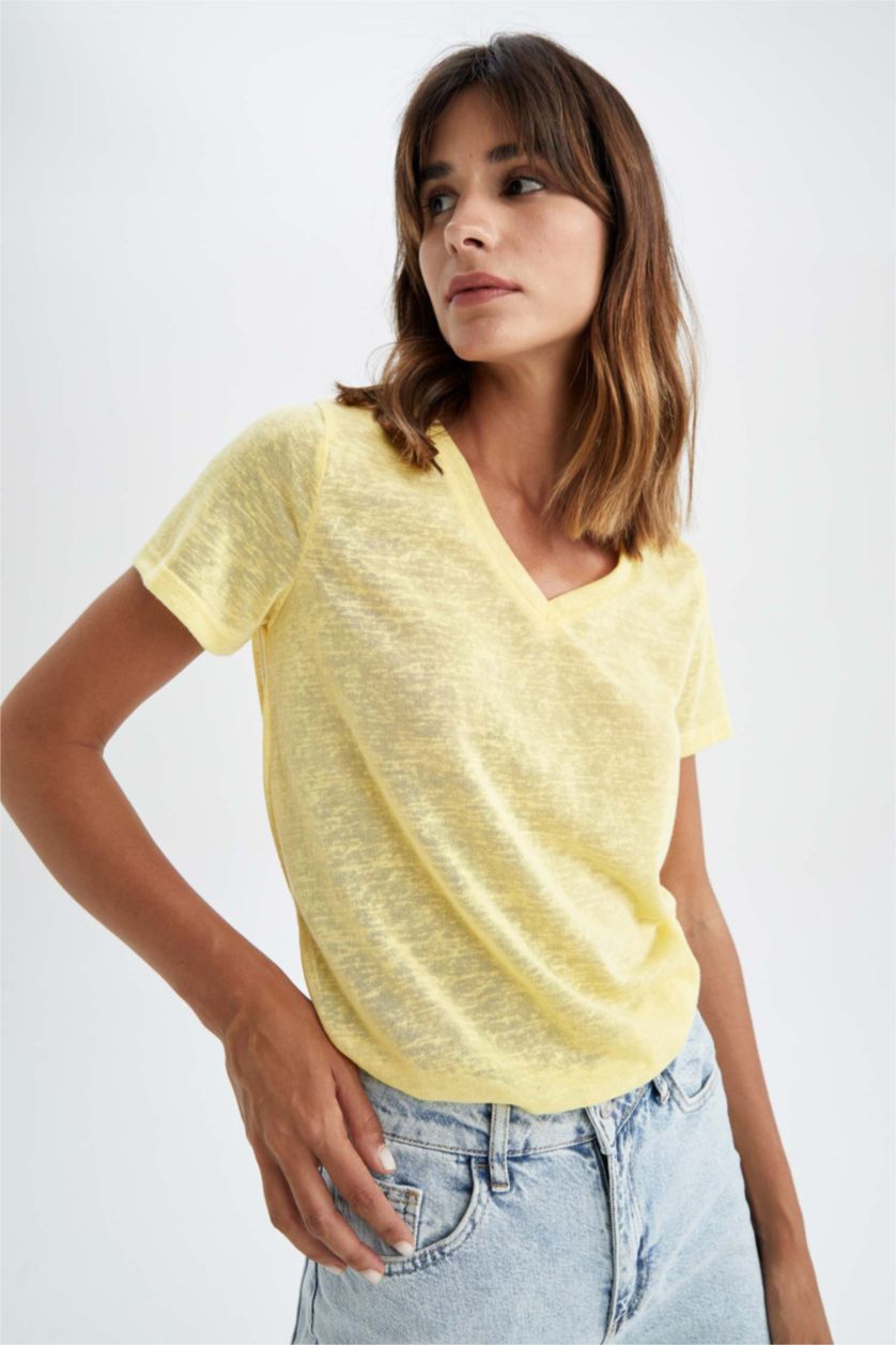 FEMME Jaune Manche Courte Col En V T-Shirt À Manches Courtes