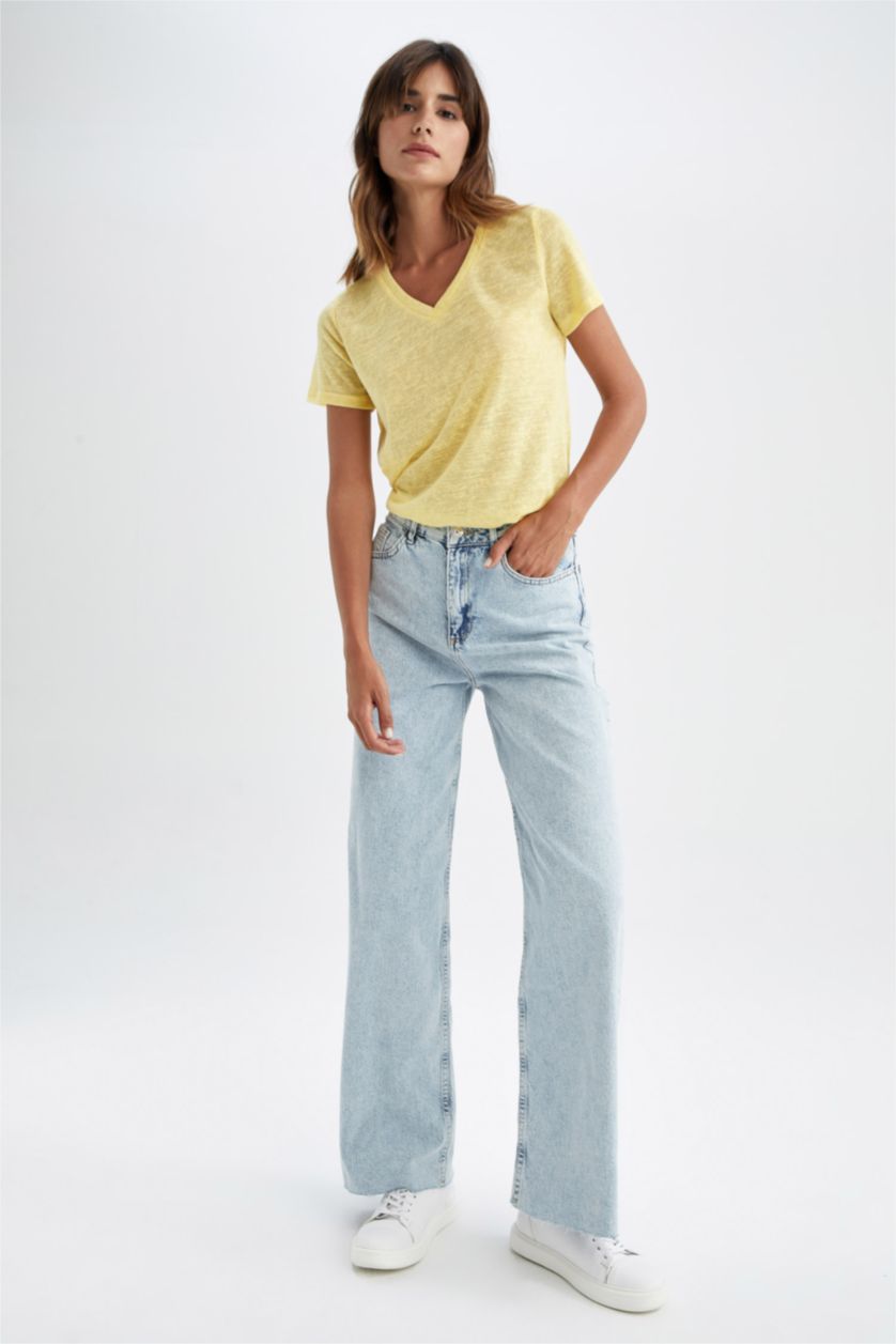 FEMME Jaune Manche Courte Col En V T-Shirt À Manches Courtes