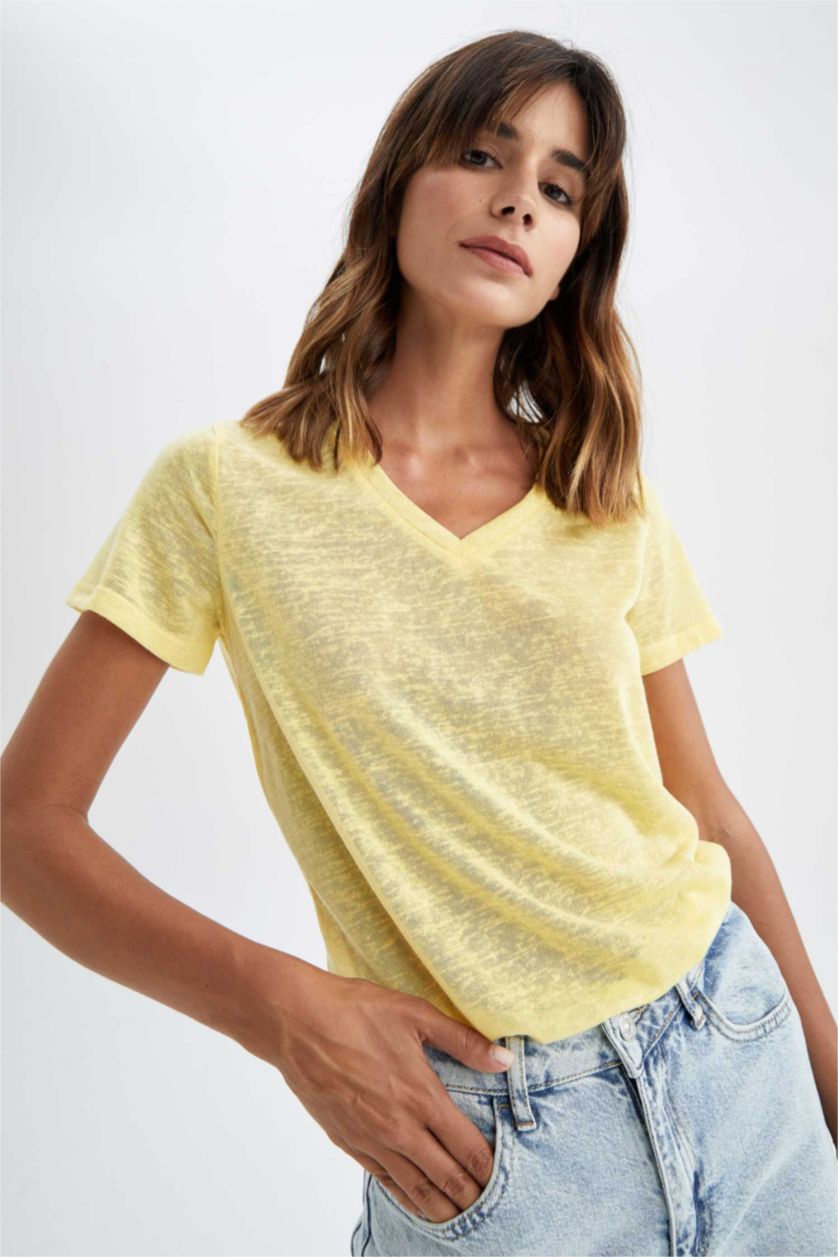 FEMME Jaune Manche Courte Col En V T-Shirt À Manches Courtes