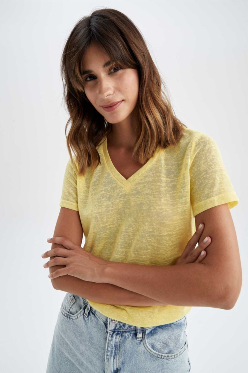 FEMME Jaune Manche Courte Col En V T-Shirt À Manches Courtes