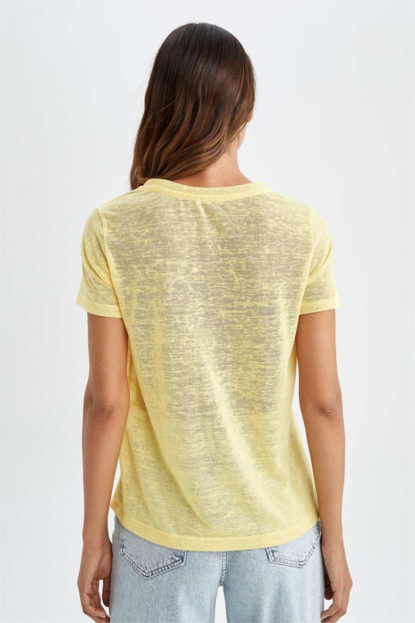 FEMME Jaune Manche Courte Col En V T-Shirt À Manches Courtes