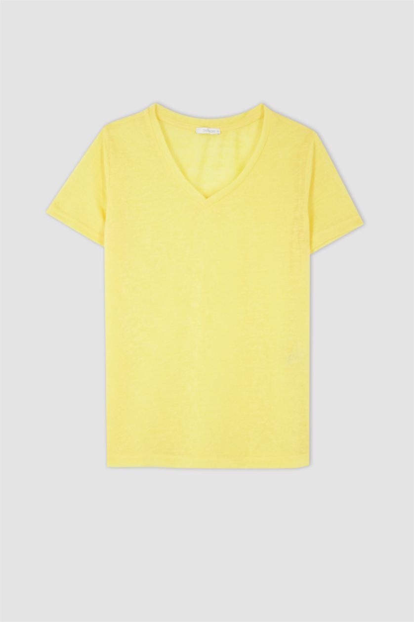 FEMME Jaune Manche Courte Col En V T-Shirt À Manches Courtes