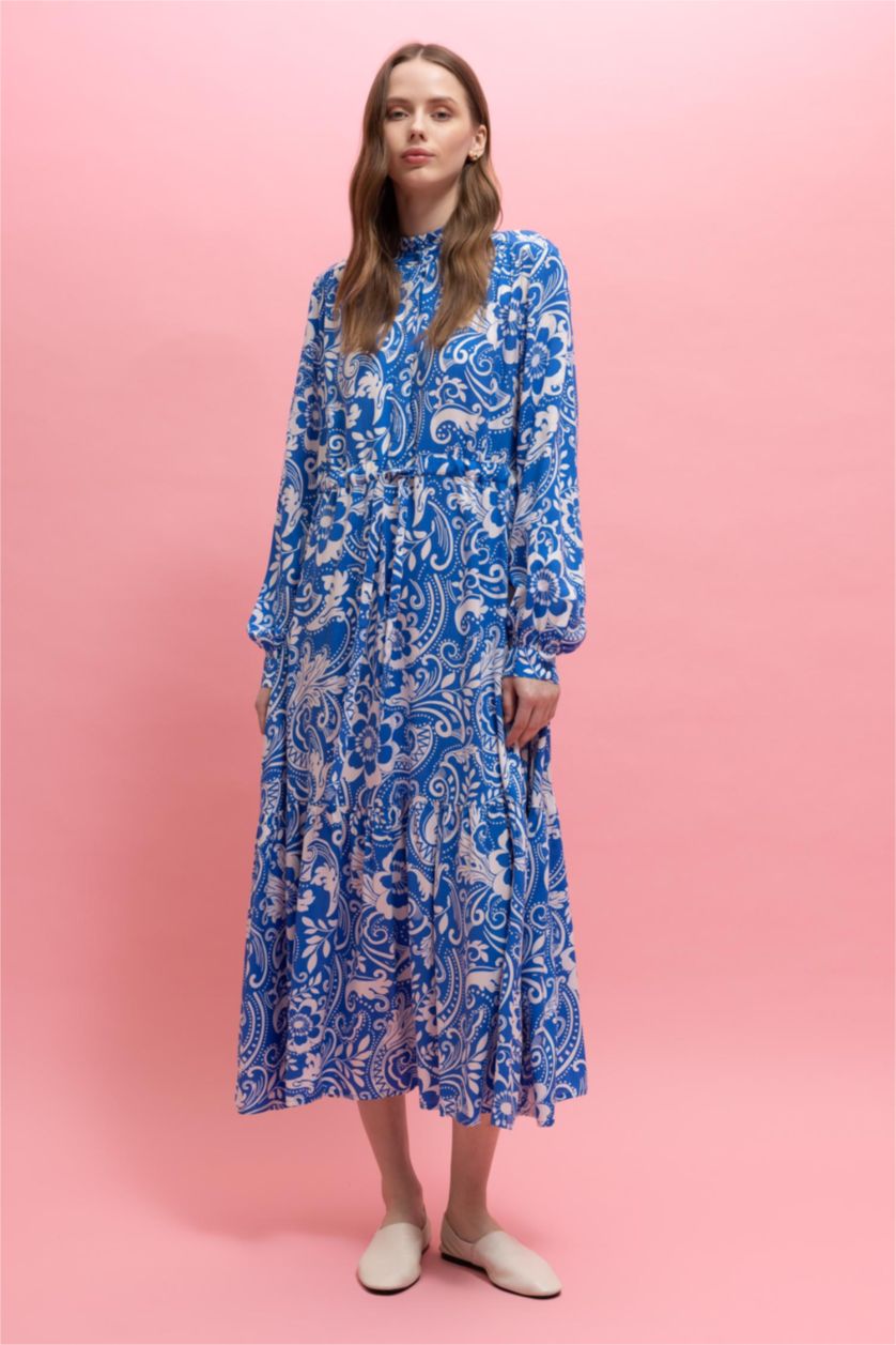 FEMME Bleu Robe Tissée À Manches Longues Imprimé Col arrondi