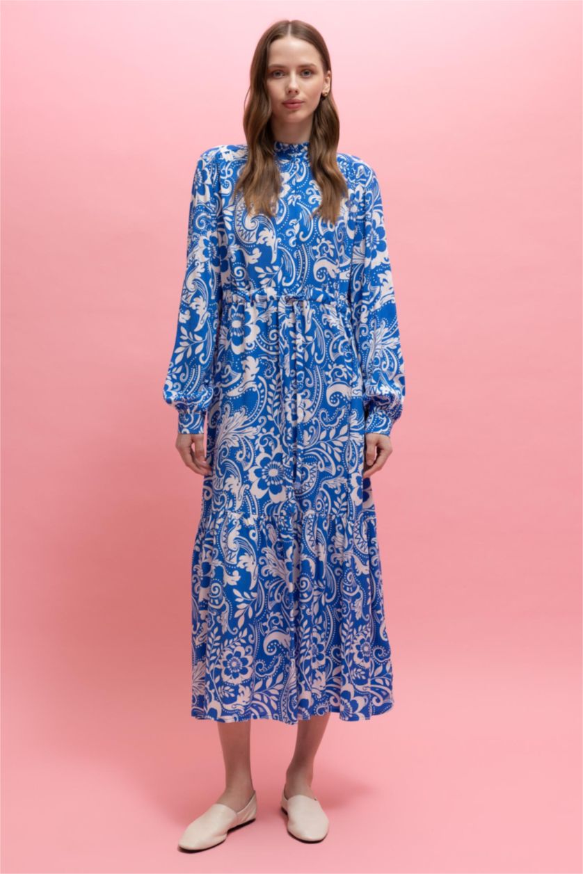 FEMME Bleu Robe Tissée À Manches Longues Imprimé Col arrondi