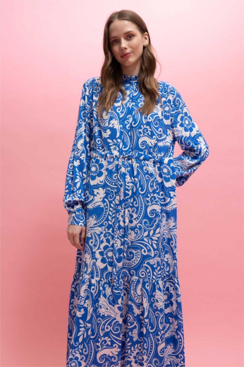 FEMME Bleu Robe Tissée À Manches Longues Imprimé Col arrondi