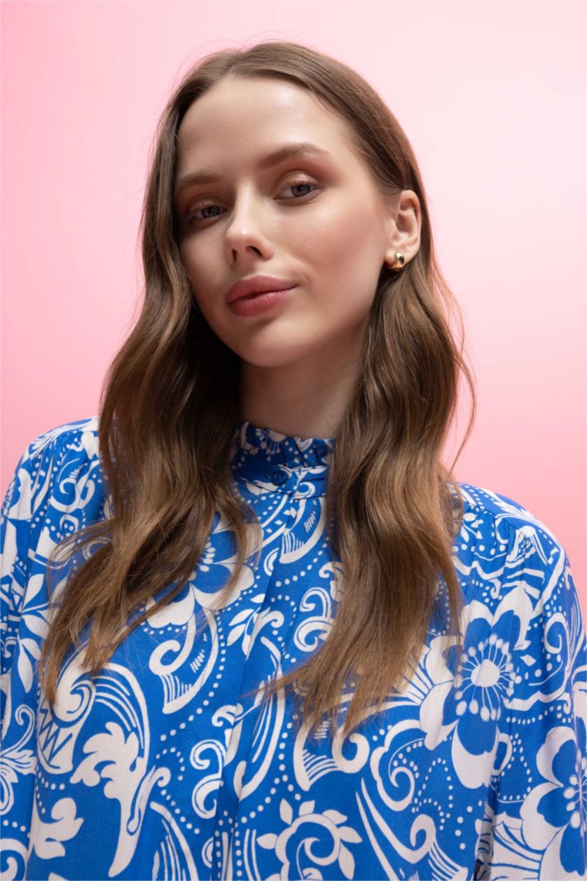 FEMME Bleu Robe Tissée À Manches Longues Imprimé Col arrondi