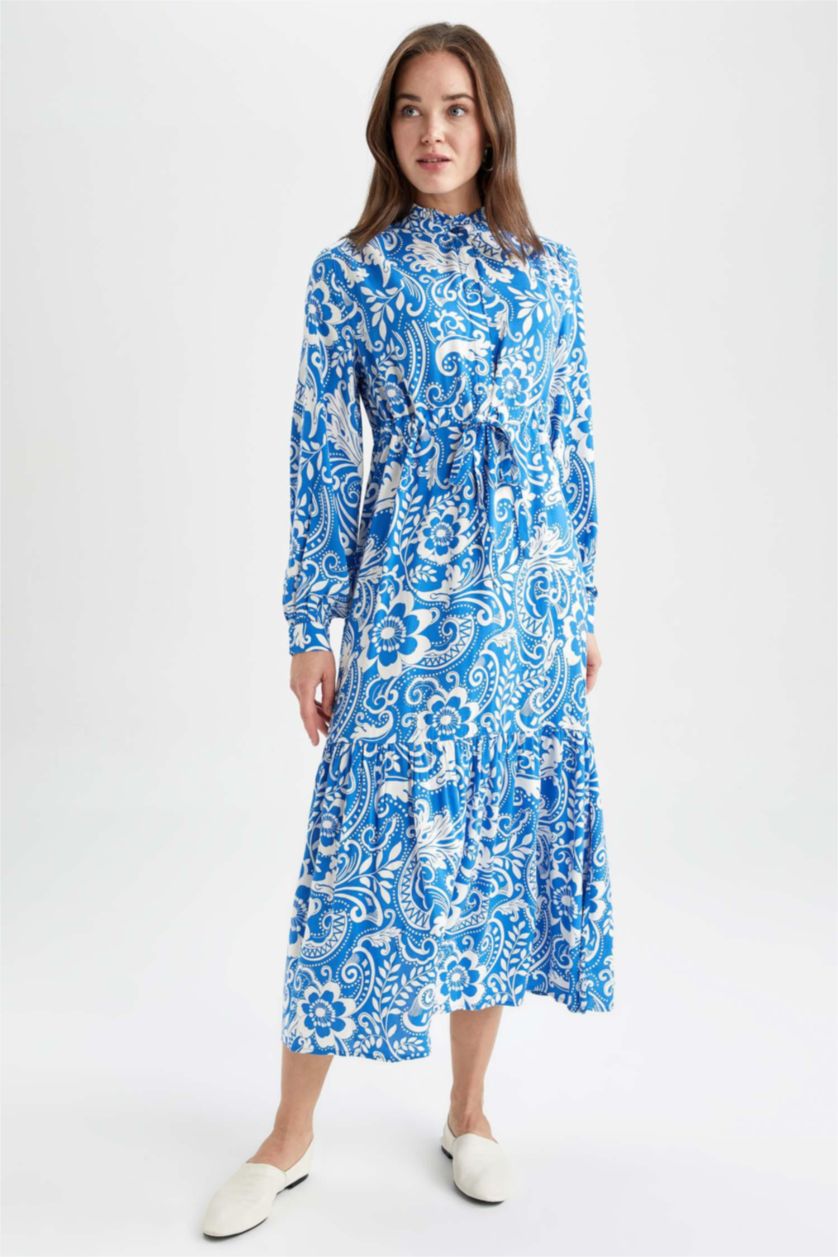 FEMME Bleu Robe Tissée À Manches Longues Imprimé Col arrondi