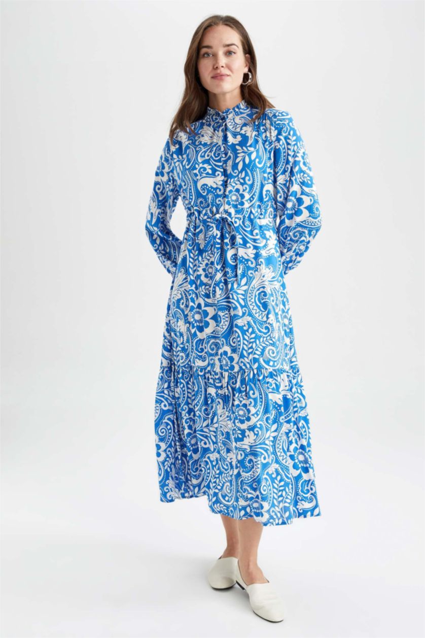 FEMME Bleu Robe Tissée À Manches Longues Imprimé Col arrondi