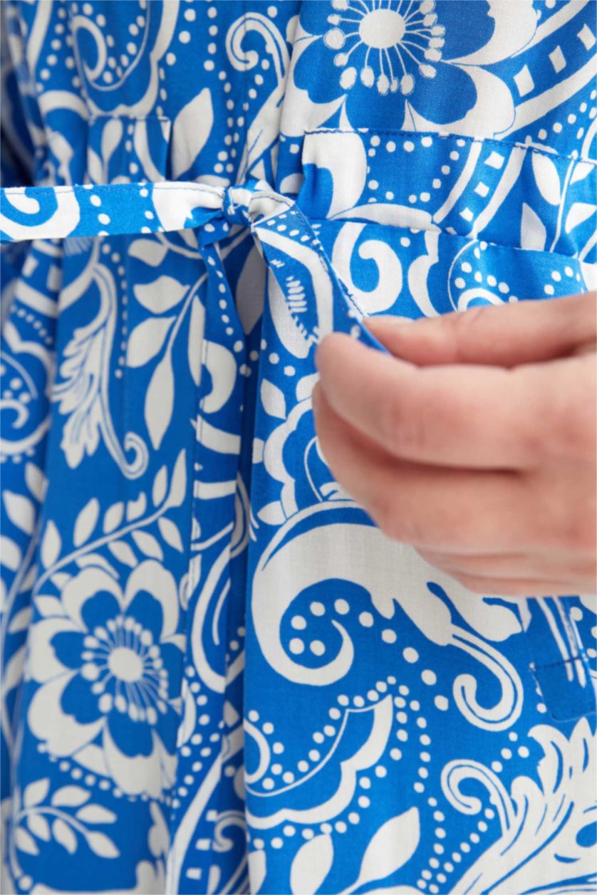 FEMME Bleu Robe Tissée À Manches Longues Imprimé Col arrondi