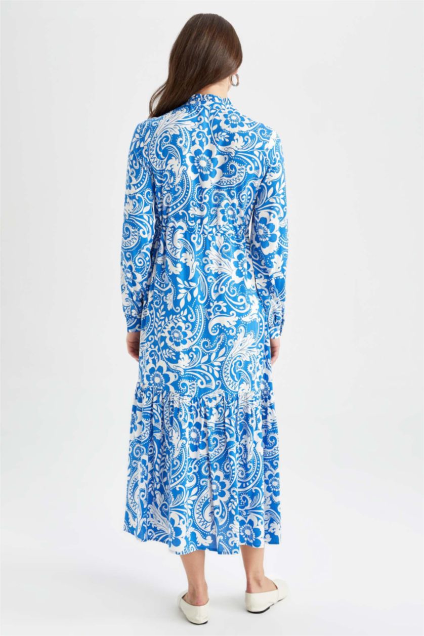 FEMME Bleu Robe Tissée À Manches Longues Imprimé Col arrondi