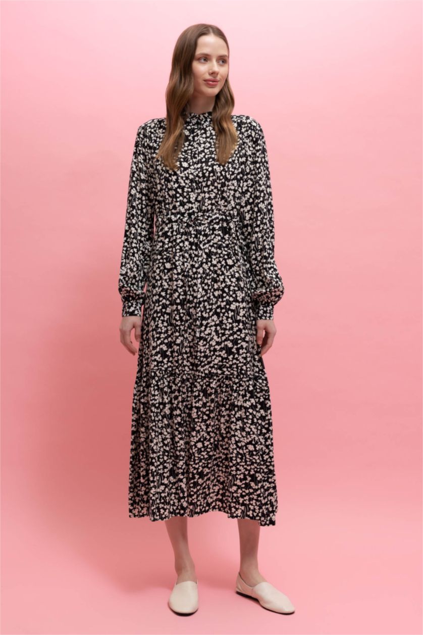 FEMME Noir Robe Tissée À Manches Longues Imprimé Col arrondi