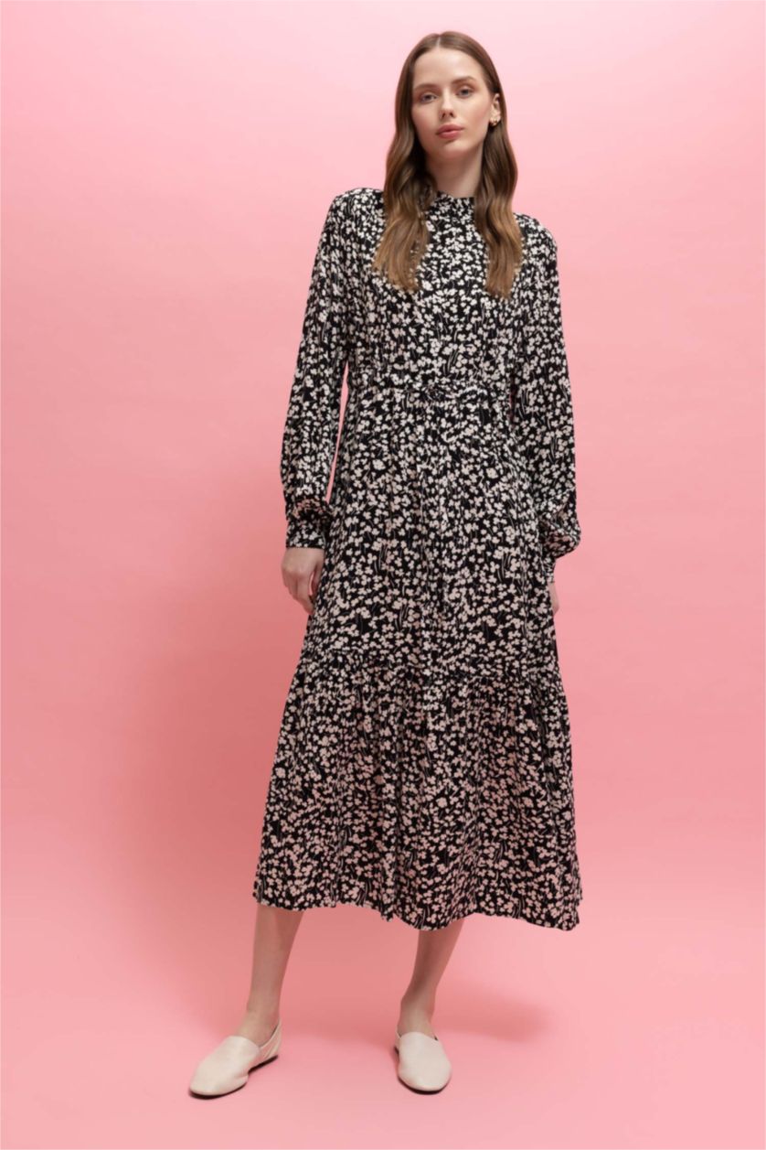 FEMME Noir Robe Tissée À Manches Longues Imprimé Col arrondi