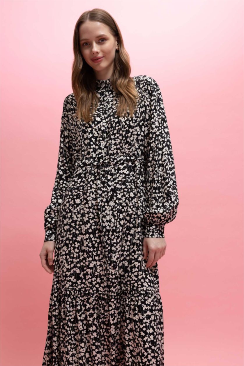 FEMME Noir Robe Tissée À Manches Longues Imprimé Col arrondi