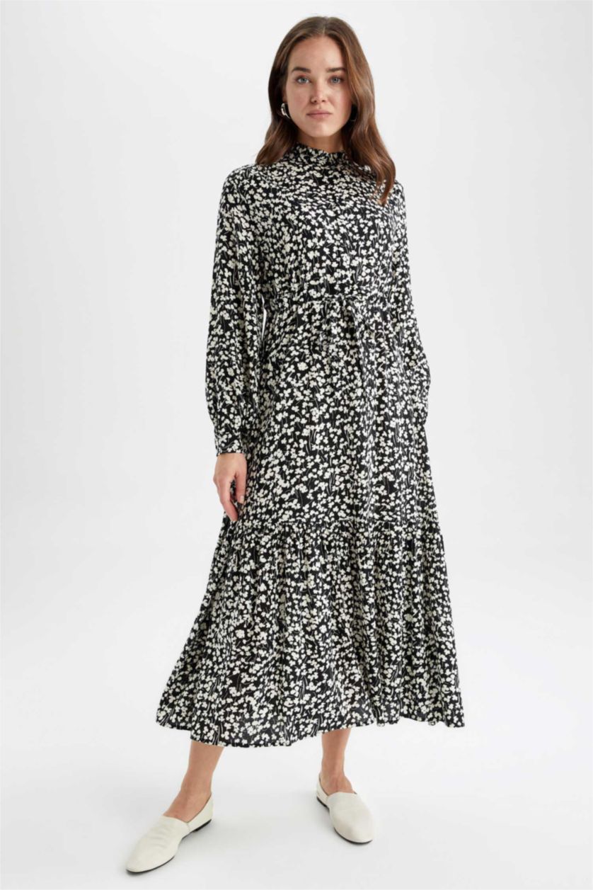 FEMME Noir Robe Tissée À Manches Longues Imprimé Col arrondi