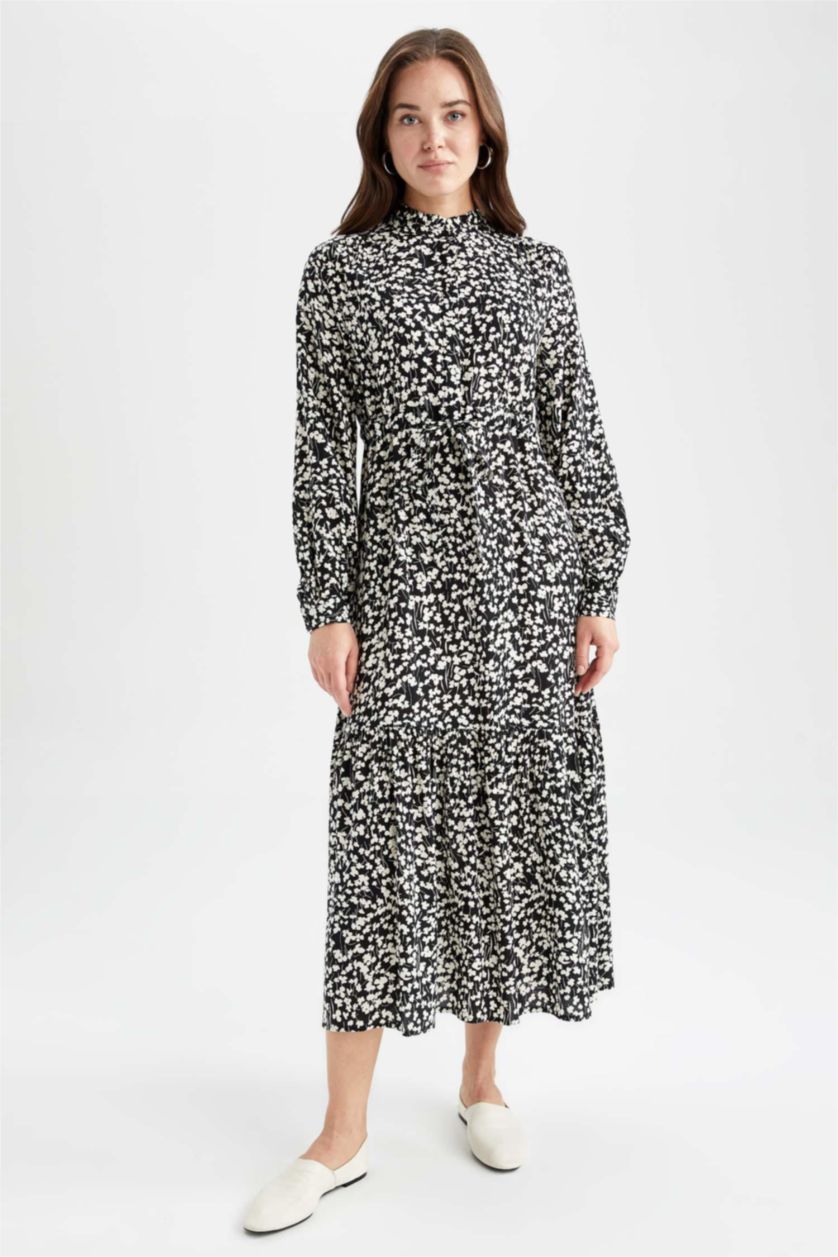 FEMME Noir Robe Tissée À Manches Longues Imprimé Col arrondi