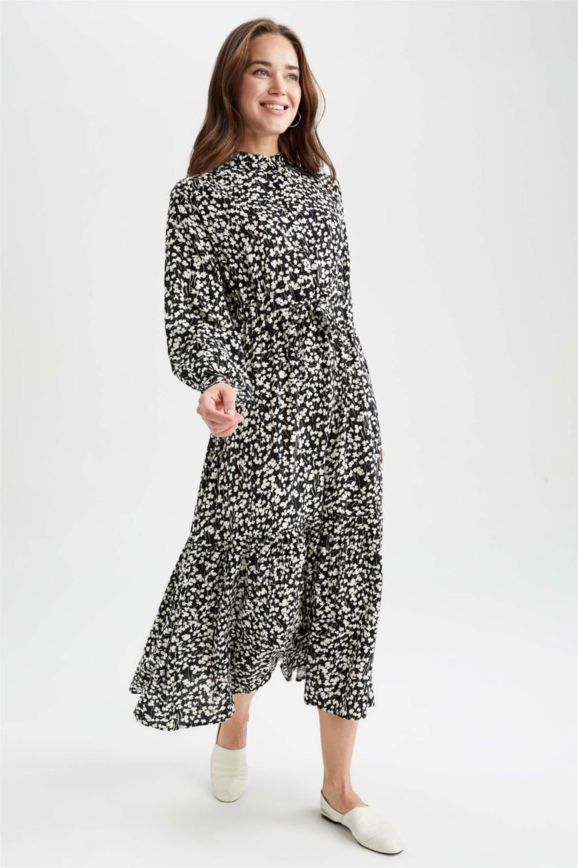 FEMME Noir Robe Tissée À Manches Longues Imprimé Col arrondi