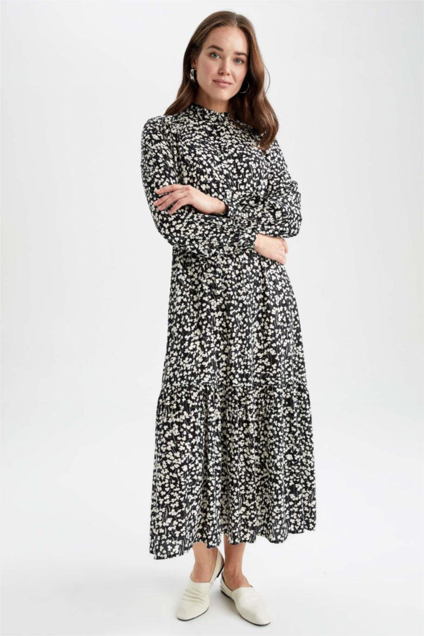 FEMME Noir Robe Tissée À Manches Longues Imprimé Col arrondi