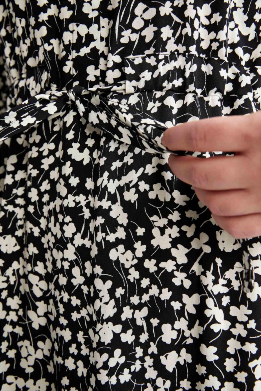 FEMME Noir Robe Tissée À Manches Longues Imprimé Col arrondi