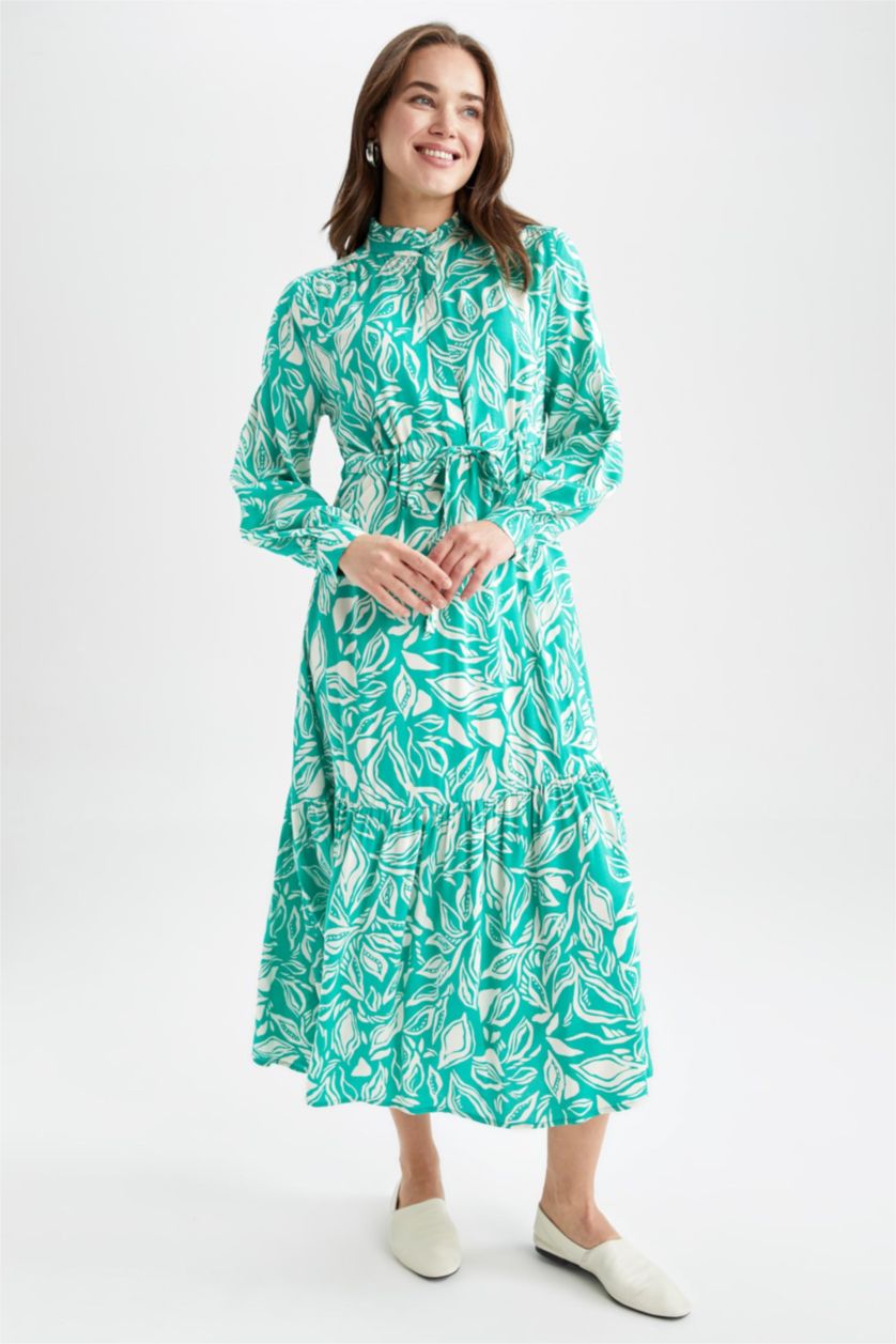 FEMME Vert Robe Tissée À Manches Longues Imprimé Col arrondi