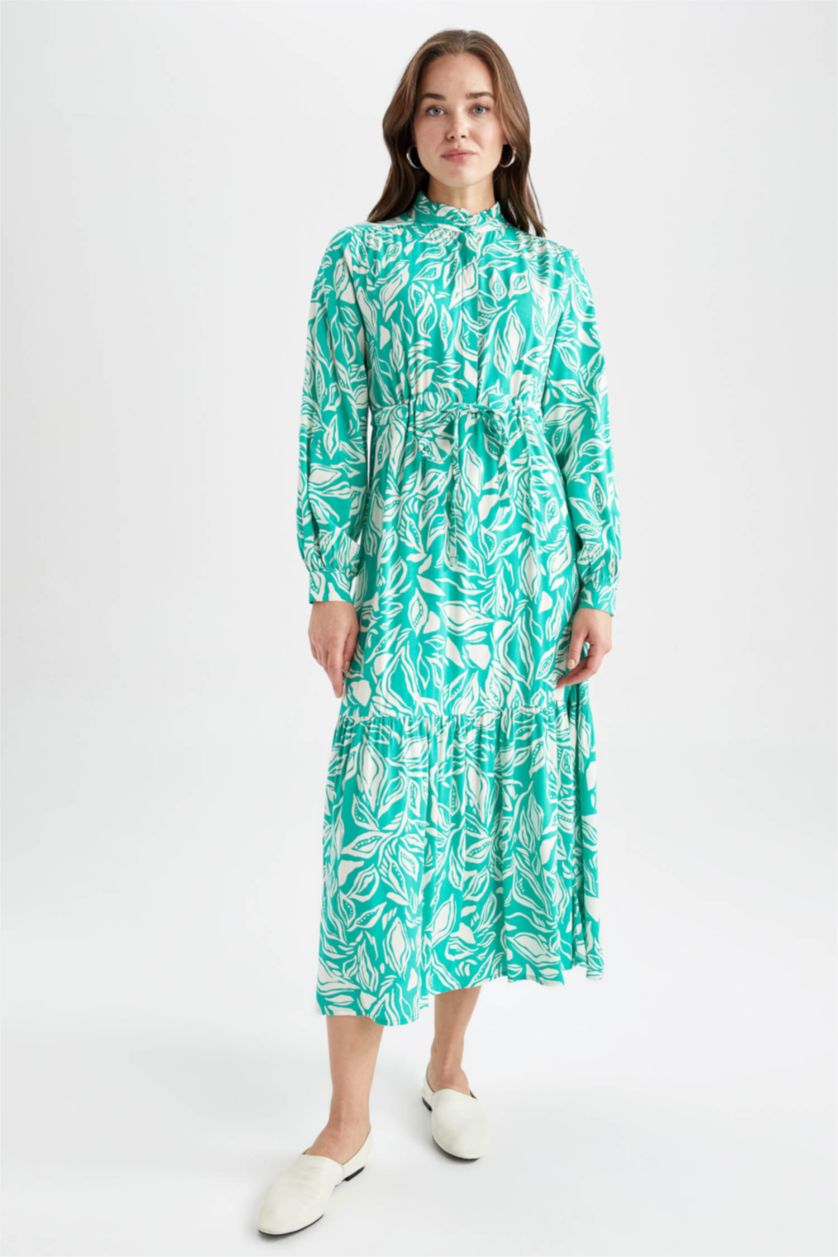 FEMME Vert Robe Tissée À Manches Longues Imprimé Col arrondi