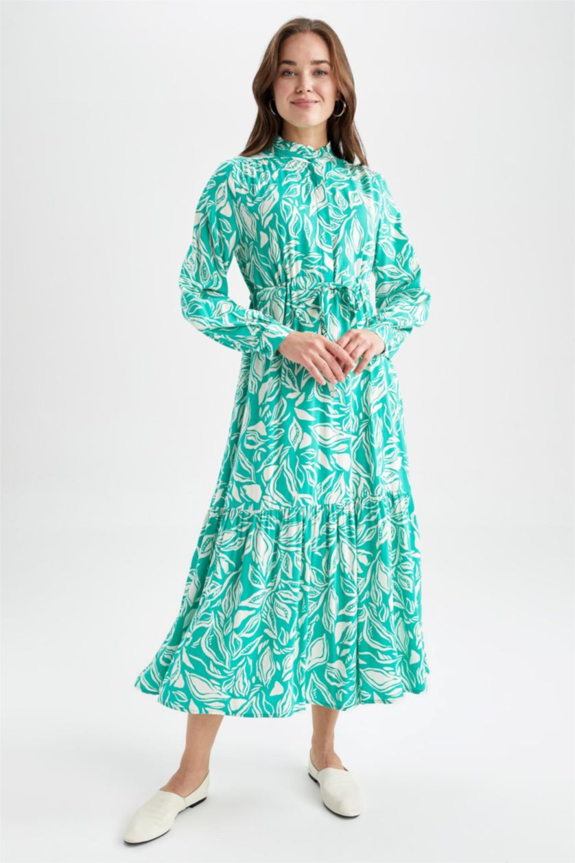 FEMME Vert Robe Tissée À Manches Longues Imprimé Col arrondi
