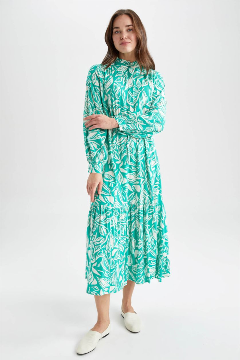 FEMME Vert Robe Tissée À Manches Longues Imprimé Col arrondi