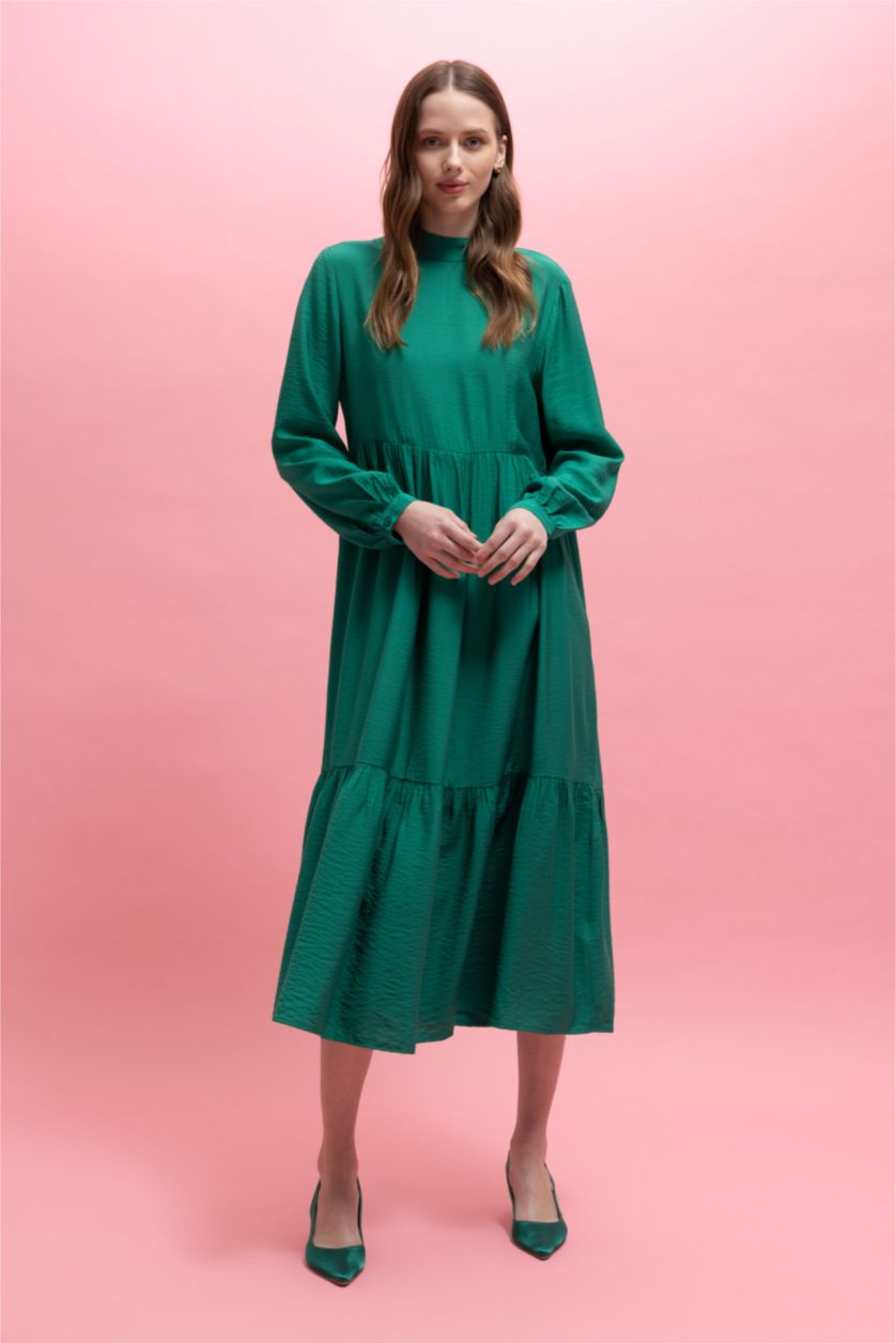 FEMME Vert Robe Tissée À Manches Longues Col montant