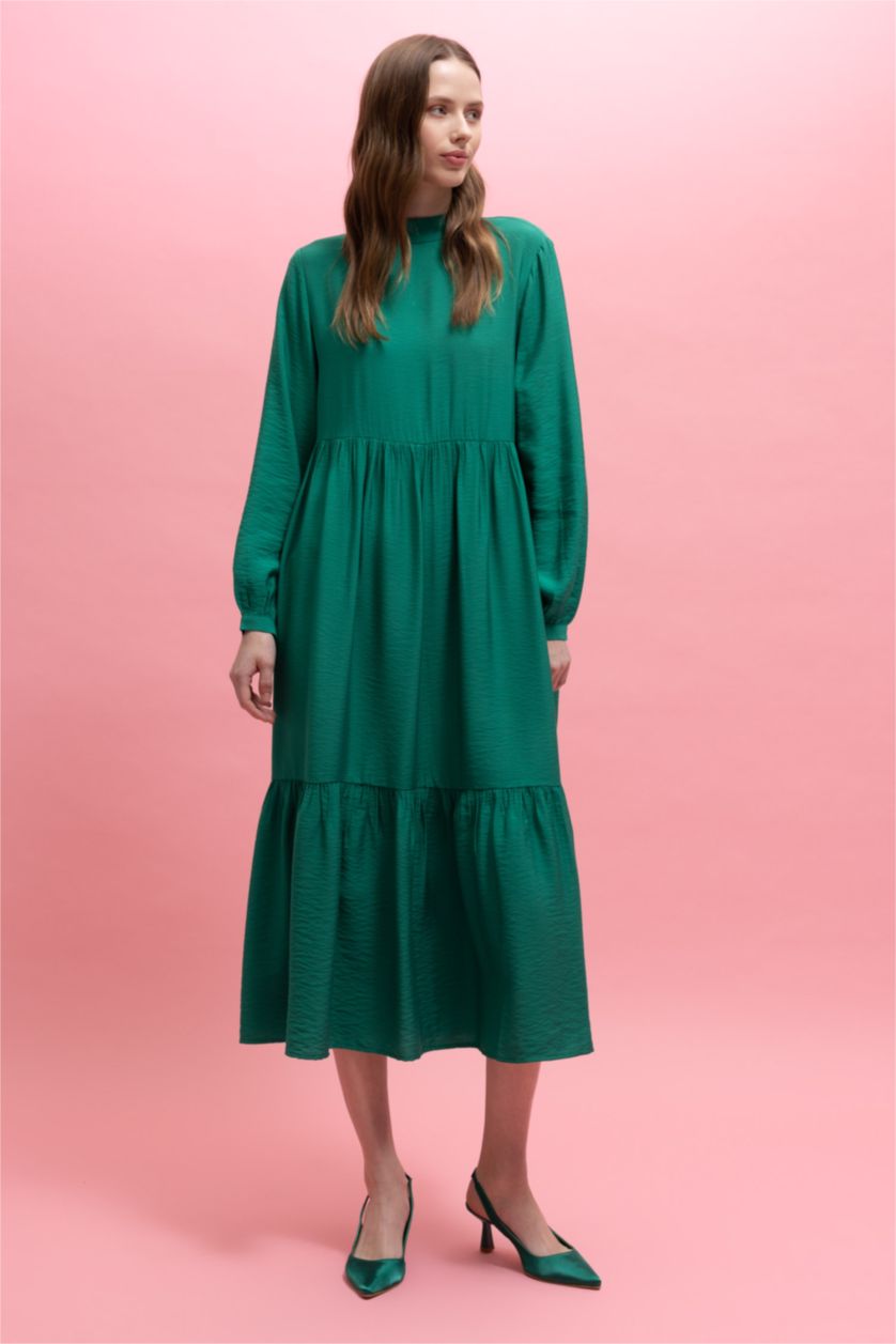 FEMME Vert Robe Tissée À Manches Longues Col montant