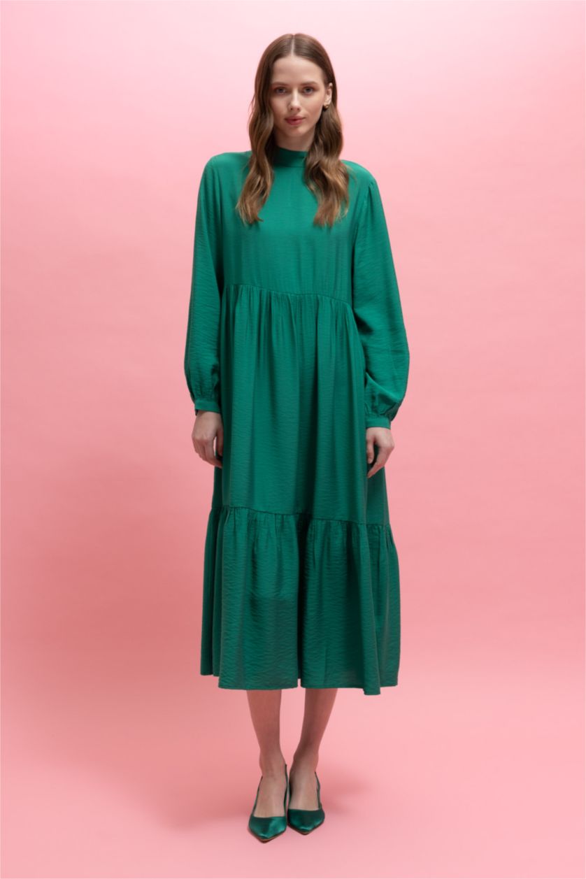 FEMME Vert Robe Tissée À Manches Longues Col montant