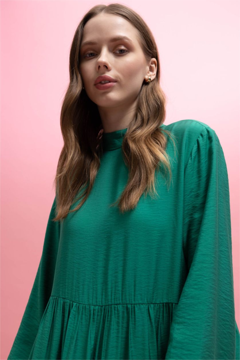 FEMME Vert Robe Tissée À Manches Longues Col montant