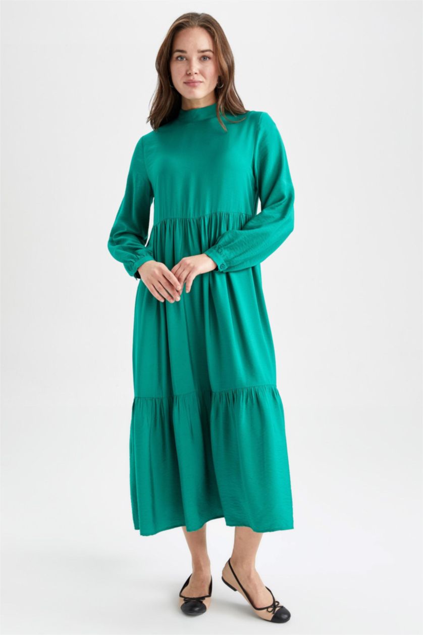 FEMME Vert Robe Tissée À Manches Longues Col montant