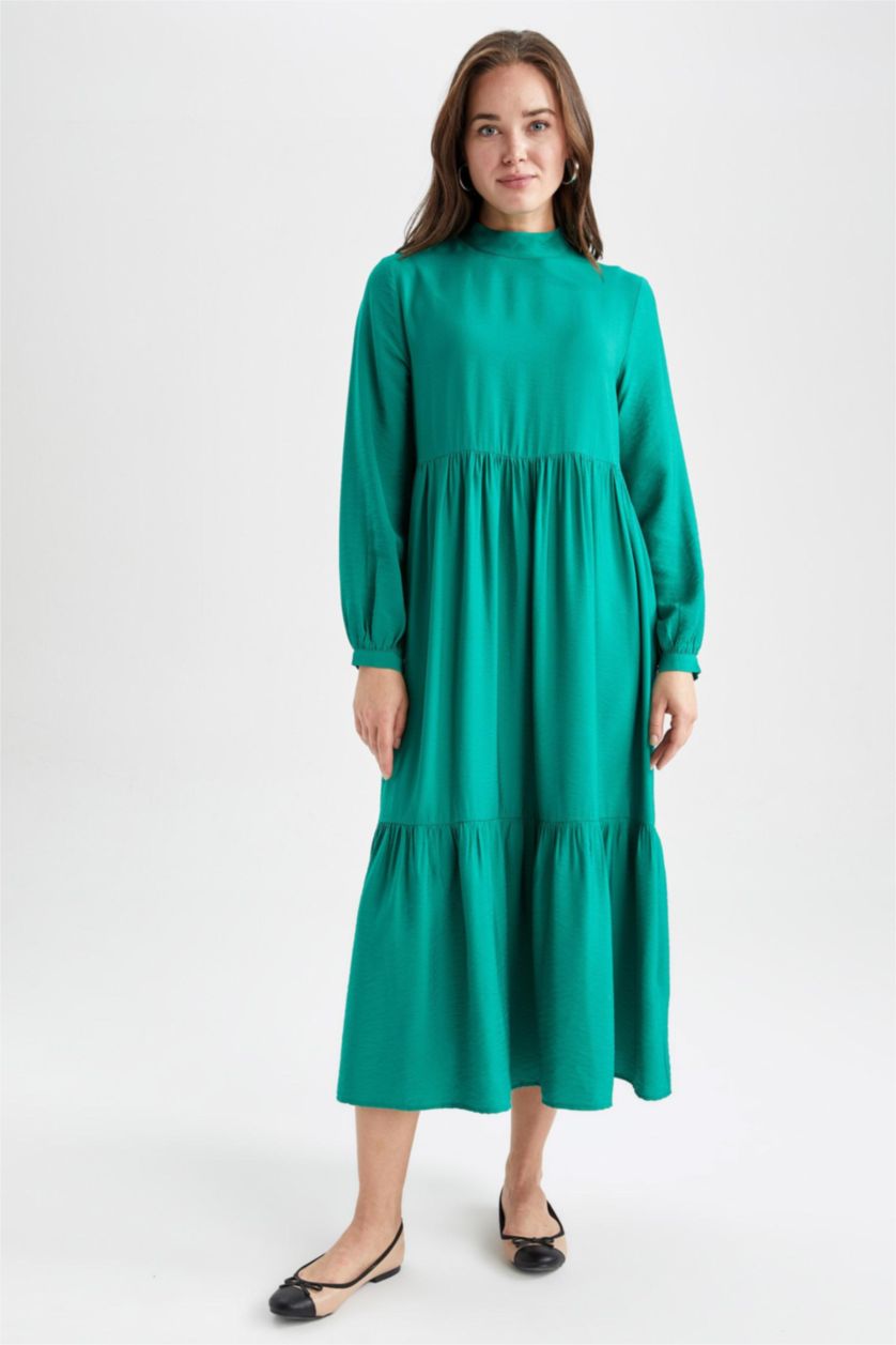 FEMME Vert Robe Tissée À Manches Longues Col montant