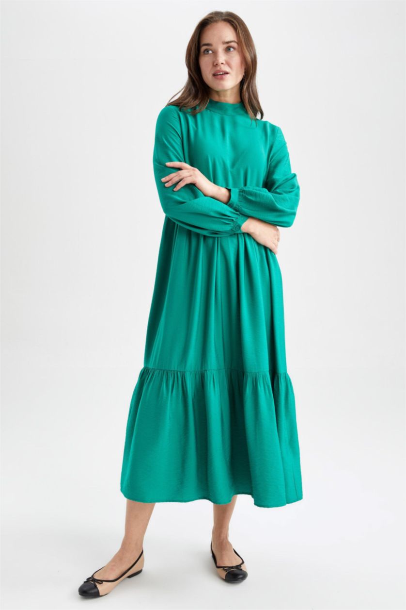 FEMME Vert Robe Tissée À Manches Longues Col montant