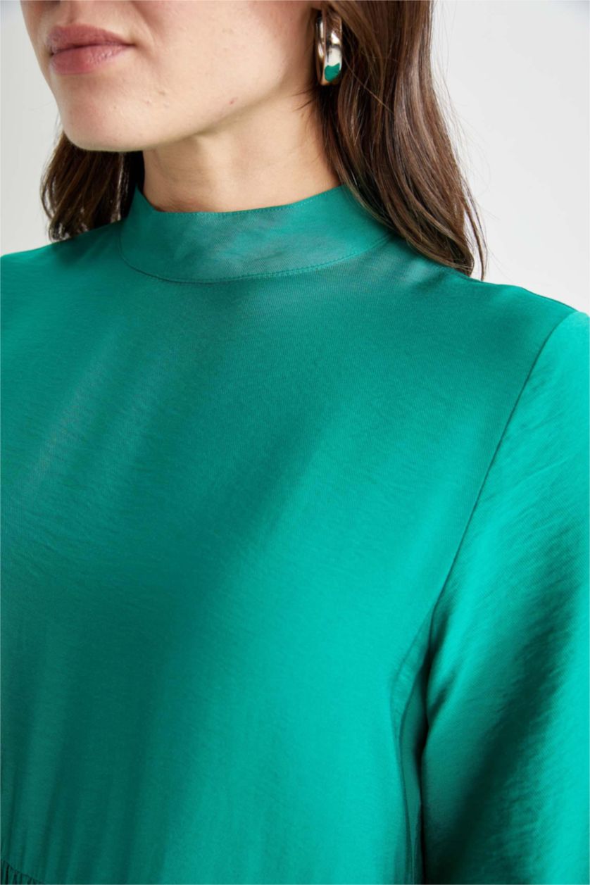 FEMME Vert Robe Tissée À Manches Longues Col montant